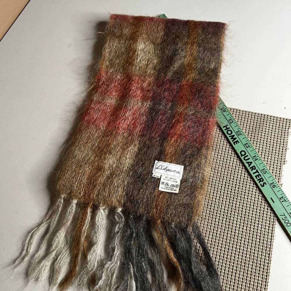 LS Ayres & Co Vintage Mohair Wool Plaid Scarf Made in Great Britain Earthy Red